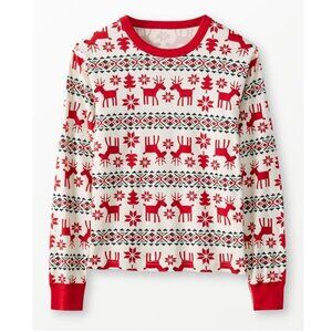 Hanna Anderson Adult Holiday Pajama Top Size L Organic Cotton Red Deer Rib Knit